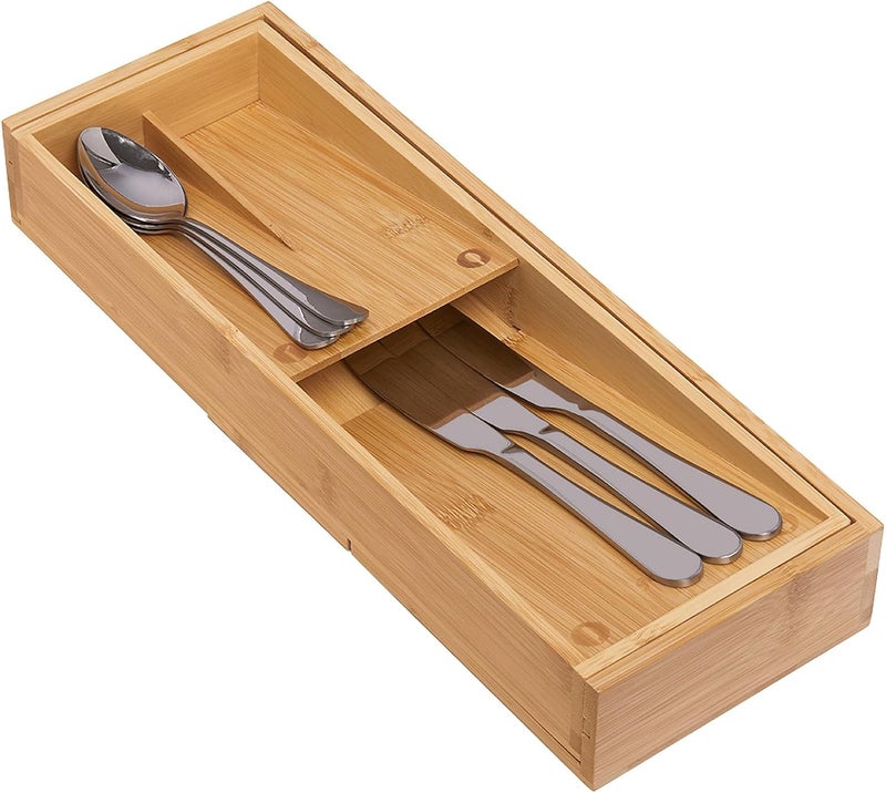 guiogc Bamboo Kitchen Drawer Organizer, Silverware Organizer Expandable Utensil Holder with Removable Knife Block, Cutlery Tray with Drawer Dividers for Kitchen Utensils and Flatware - Image 3